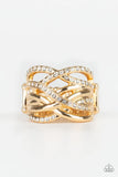 Paparazzi High Rollin - Gold Ring - Encrusted in sporadic rows of glittery white rhinestones, glistening gold bars race across the finger, creating stacked shimmer. Features a stretchy band for a flexible fit.