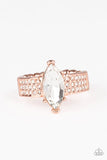 Paparazzi Icy Iridescence - Copper Ring - Featuring a regal marquise style cut, a glittery white rhinestone is pressed into the center of a dainty shiny copper band encrusted in dainty white rhinestones for a timeless look. Features a dainty stretchy band for a flexible fit.