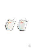 Paparazzi Indulge Me - Multi Iridescent Earrings - Featuring a raw asymmetrical cut, an iridescent gem is encased inside a sleek silver frame, creating a stellar display. Earring attaches to a standard post fitting.