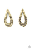 Paparazzi Industrial Antiquity - Brass Earrings - The bottom of a warped brass teardrop frame is hammered in rustic details, creating a tactile display. Earring attaches to a standard post fitting.
