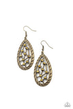 Paparazzi Industrial Incandescence - Brass Earrings - A gritty collection of dainty aurum rhinestones adorn hammered brass bars streaking across the airy center of an antiqued textured teardrop, creating a rustic fashion. Earring attaches to a standard fishhook fitting.