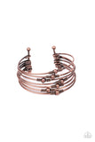 Paparazzi Industrial Intricacies - Copper Bracelet - Held in place by copper wire fittings, classic copper beads haphazardly dot dainty copper bars that connect into a layered cuff around the wrist.