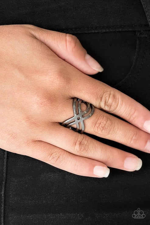 Paparazzi Infinite Fashion - Black Gunmetal Ring - Brushed in a high-sheen finish, glistening gunmetal bars ripple across the finger, coalescing into a whimsical infinity frame. Features a stretchy band for a flexible fit.