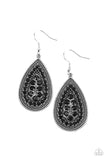 Paparazzi Interstellar Idol - Black Earrings - A dotted silver teardrop frame encompasses faceted black beads. The dainty beads are layered in an echoing teardrop design for a polished finish. Earring attaches to a standard fishhook fitting.