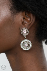 Paparazzi Life Of The Garden Party - Pink Clip-On Earrings - Dotted with glittery pink rhinestone centers, shimmery silver floral frames link into a whimsical lure. The lower frame is bordered in glassy white rhinestones for a timeless finish. Earring attaches to a standard clip-on fitting.