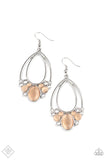 Paparazzi Look Into My Crystal Ball - Orange Earrings - A glamorous collection of glittery white rhinestones and dewy Peach Nougat cat's eye stones collect at the bottom of two stacked silver teardrop frames, creating an enchanted fringe. Earring attaches to a standard fishhook fitting.