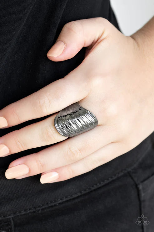Paparazzi Made That SWAY - Black Gunmetal - Ring - Featuring a subtle linear pattern, a beveled gunmetal frame sways across the finger for a casual look. Features a stretchy band for a flexible fit