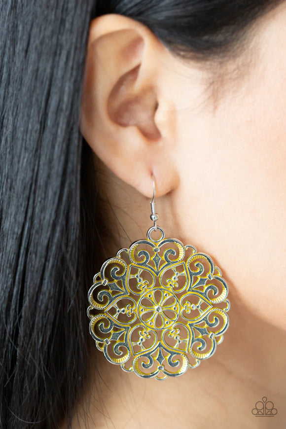 Paparazzi Mandala Effect - Yellow Earrings - Brushed in a rustic yellow finish, an oversized mandala-like silver frame swings from the ear for a seasonal pop of color. Earring attaches to a standard fishhook fitting.