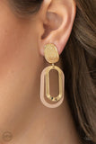 Paparazzi Melrose Mystery - Gold Clip-On Earrings - Shiny gold and Iced Coffee oblong hoops dangle one in front of the other from a shimmery textured gold oval disc for an upscale finale. Earring attaches to a standard clip-on fitting.
