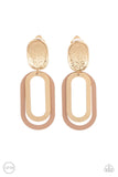 Paparazzi Melrose Mystery - Gold Clip-On Earrings - Shiny gold and Iced Coffee oblong hoops dangle one in front of the other from a shimmery textured gold oval disc for an upscale finale. Earring attaches to a standard clip-on fitting.