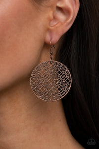 Paparazzi Metallic Mosaic - Copper Earrings - Studded copper filigree fills the inside of a rustic copper hoop, creating an airy mandala pattern. Earring attaches to a standard fishhook fitting.