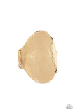 Paparazzi Metro Mirror - Gold Ring - Delicately hammered in shimmery textures, a glistening gold frame curls around the finger for an edgy look. Features a stretchy band for a flexible fit.