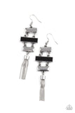 Paparazzi Mind Body And SEOUL - Black Earrings - Glistening silver rectangular frames link with a black rectangular frame, connecting into a sleekly stacked lure. A shimmery silver tassel dances from the bottom, adding a hint of whimsicality to the colorful display. Earring attaches to a standard fishhook fitting.