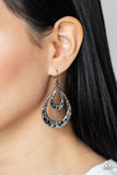 Paparazzi Museum Muse - Black Gunmetal Earrings - Hammered gunmetal teardrops join into an edgy layered lure, creating an intense industrial display. Earring attaches to a standard fishhook fitting.
