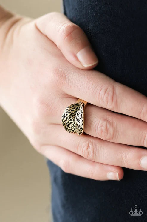 Paparazzi Never LEAF Me - Brass Ring - Brushed in an antiqued shimmer, a lifelike brass leaf curls across the finger in a seasonal fashion. Features a dainty stretchy band for a flexible fit.