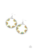 Paparazzi Off The Rim - Multi - Earrings - Green and orange seed beads are threaded on wires and looped over turquoise stones on the inside of a spacious silver hoop. The pattern makes its way around the inside of the circle for an around-the-world air. Earring attaches to a standard fishhook fitting.