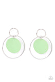 Paparazzi POP Look And Listen - Green Earrings - A minty Green Ash disc swings from two interlocking silver hoops, creating a flirtatious pop of color. Earring attaches to a standard post fitting.
