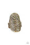 Embossed in an antiqued paisley pattern, a thick brass frame folds around the finger for a whimsically retro look. Features a stretchy band for a flexible fit.