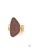 Paparazzi Perfectly Petrified - Gold Ring - An asymmetrical piece of rustic wood is nestled inside a sleek gold frame that thickens into a shimmery band around the finger, creating a refined centerpiece. Features a stretchy band for a flexible fit.