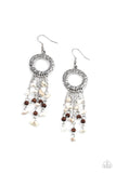 Paparazzi Primal Prestige - White Earrings - Tapered tassels of dainty wooden beads and white pebbles stream from the bottom of a hammered silver hoop, creating an earthy fringe. Earring attaches to a standard fishhook fitting.