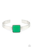 Paparazzi Prismatically Poppin - Green Bracelet - A square Mint Green bead is pressed into the center of a sleek silver frame that sits atop a dainty silver cuff, creating a bold pop of color atop the wrist.