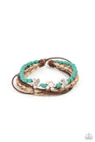 Paparazzi Raffia Remix - Blue Bracelet - Three delightful etched silver flowers stand out on a strand of turquoise wooden beads. Paired with an assortment of braided twine and cording, the set wraps around the wrist for an earthy remix. Features an adjustable sliding knot closure.