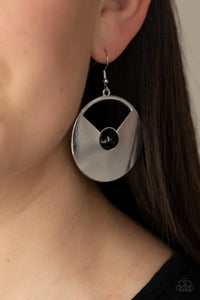 Paparazzi Record Breaking Brilliance - Black Earrings - Dotted with a black bead center, a slice of metal has been removed from an oversized silver disc for a retro effect. Earring attaches to a standard fishhook fitting.