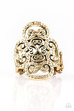 Paparazzi Regal Regalia - Brass Ring - Dainty topaz rhinestones are encrusted along a glistening brass frame radiating with regal filigree for a refined look. Features a stretchy band for a flexible fit.