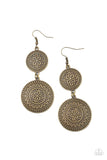 Paparazzi Road Trip Paradise - Brass Earrings - Embossed in floral filigree, two round brass frames delicately link into a rustic lure for a whimsy fashion. Earring attaches to a standard fishhook fitting.