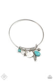 Paparazzi Root And RANCH - Blue Bracelet - Featuring a shimmery silver feather charm, ornate silver beads and earthy turquoise stone beads glide along the fitted center of a dainty silver bangle-like bracelet for a whimsically charming look.