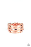 Paparazzi Rough Around The Edges - Copper Ring - Brushed in a high-sheen finish, ribbed shiny copper bands stack across the finger for an edgy industrial look. Features a stretchy band for a flexible fit.