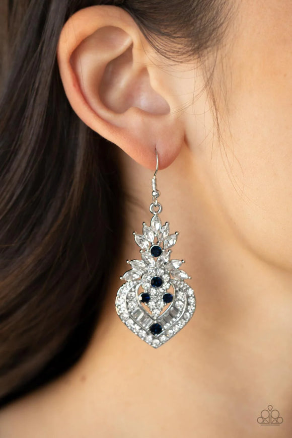 Paparazzi Royal Hustle - Blue Earrings - Dotted with dainty blue rhinestones, a series of round, marquise, and emerald cut white rhinestones stack into the decorative frame for a dramatic finish. Earring attaches to a standard fishhook fitting.