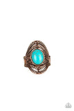 Paparazzi Royal Roamer - Copper Ring - A refreshing turquoise stone is pressed into the center of layered copper bands radiating with tribal inspired textures for a seasonal look. Features a stretchy band for a flexible fit.