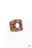 Paparazzi Rural Relic - Copper Ring - Embossed in shimmery filigree, glistening copper frames join around a refreshing white stone center for a seasonal look. Features a stretchy band for a flexible fit.