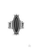 Paparazzi Sahara Escape - Black Ring - An oblong black stone is pressed into the center of a rustic silver frame radiating with studded and metallic ropelike textures, creating a seasonal centerpiece atop the finger. Features a stretchy band for a flexible fit.