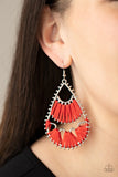 Paparazzi Samba Scene - Red Earrings - Three abstract silver fittings section off the inside of a pronged teardrop. Red thread is wrapped around the bar-like fittings, creating colorful loom-like accents. Earring attaches to a standard fishhook fitting.