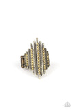 Paparazzi Shocking Sparks - Brass Ring - Studded and aurum rhinestone encrusted brass bars alternate across the finger, stacking into an electrifying centerpiece. Features a stretchy band for a flexible fit.