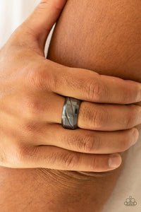 Paparazzi Sideswiped - Black Gunmetal Ring - Engraved rows slant across the front of a glistening gunmetal band for a tactile finish. Features a stretchy band for a flexible fit.