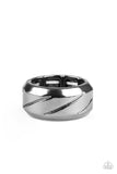 Paparazzi Sideswiped - Black Gunmetal Ring - Engraved rows slant across the front of a glistening gunmetal band for a tactile finish. Features a stretchy band for a flexible fit.