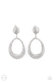Paparazzi Sophisticated Smolder - White Clip-On Earrings - A white rhinestone encrusted oval hoop swings from the bottom of a white rhinestone encrusted silver disc, coalescing into a glamorous lure. Earring attaches to a standard clip-on fitting.