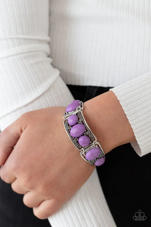 Paparazzi Southern Splendor - Purple Bracelet - Purple oval stones are encrusted along the center of antiqued silver frames dotted with dainty rosebuds as they delicately connect into an adjustable cuff-like display around the wrist. Features an adjustable clasp closure.