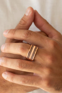 Paparazzi Special Ops - Copper Ring - Featuring a double row of metallic rope-like patterns, a thick copper band curls around the finger for a rustic look. Features a stretchy band for a flexible fit.