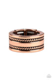 Paparazzi Special Ops - Copper Ring - Featuring a double row of metallic rope-like patterns, a thick copper band curls around the finger for a rustic look. Features a stretchy band for a flexible fit.