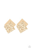 Paparazzi Square With Style - Gold Earrings - Embossed in gritty textures, a rough gold square overlaps a plain gold square, creating a stacked frame. Earring attaches to a standard post fitting.