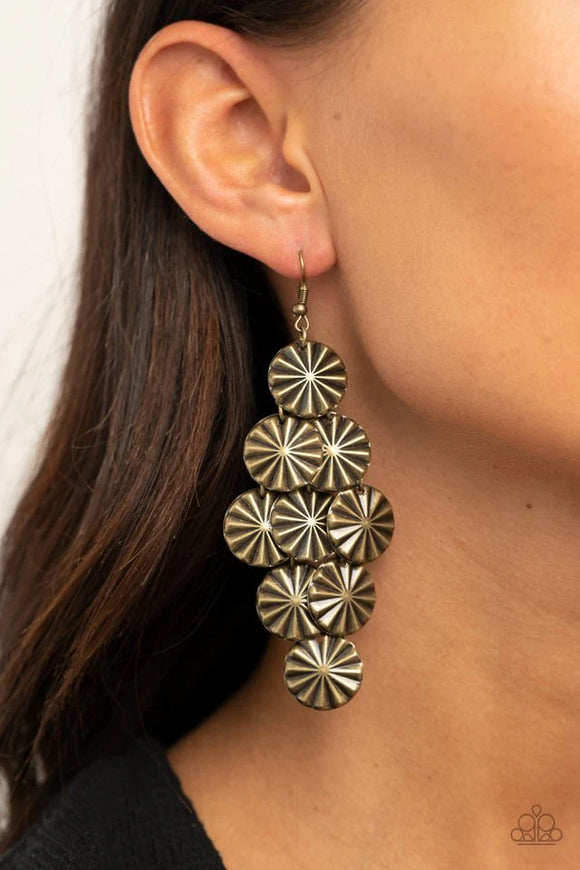 Paparazzi Star Spangled Shine - Brass - Earrings - Fashion Fix Exclusive Reward Piece  Creased in star-like patterns, antiqued brass discs attach to a brass netted backdrop, linking into an edgy lure. Earring attaches to a standard fishhook fitting.
