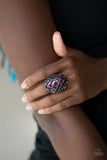 Paparazzi Stellar Scope - Purple and Black Gunmetal Ring - Glistening gunmetal links connect into a wire-like mesh across the front of an oval purple stone, creating a bold statement piece atop the finger. Features a stretchy band for a flexible fit.