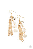 Paparazzi Stone Sensation - Gold Earrings - A hammered gold disc, gold chain tassel, and strand of raw cut white rock beads delicately stream from the ear, creating an earthy fringe. Earring attaches to a standard fishhook fitting.