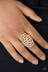 Paparazzi Stratospheric - Gold Ring - Countless dazzling peach rhinestones are sprinkled along swooping gold bands, creating a glamorous frame atop the finger. Features a stretchy band for a flexible fit.