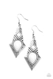 Paparazzi Stylishly Sonoran - White Earrings - Faceted white square and teardrop beads are pressed into a silver geometric frame rippling with stacked linear patterns. Earring attaches to a standard fishhook fitting.