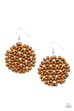 Paparazzi Summer Escapade - Brown Earrings - Clusters of dainty brown wooden beads are threaded along invisible wires, creating a vivacious floral pattern frame for a summery flair. Earring attaches to a standard fishhook fitting.